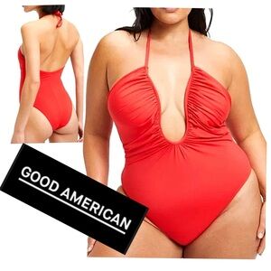 Good American Red Halter One-Piece Swimsuit Open back Size L